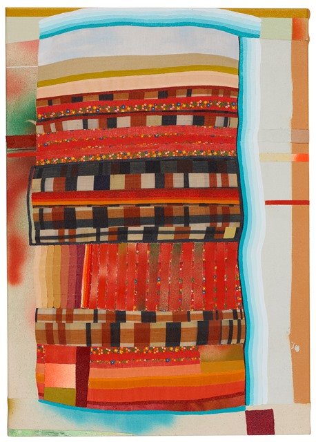 Barbara Campbell Thomas, Rhythms for Transport, Collaged fabric, collaged cut-up paintings, spray paint, acrylic paint on canvas with insets of pieced & machine-stitched fabric
24 x 17 inches, 2021